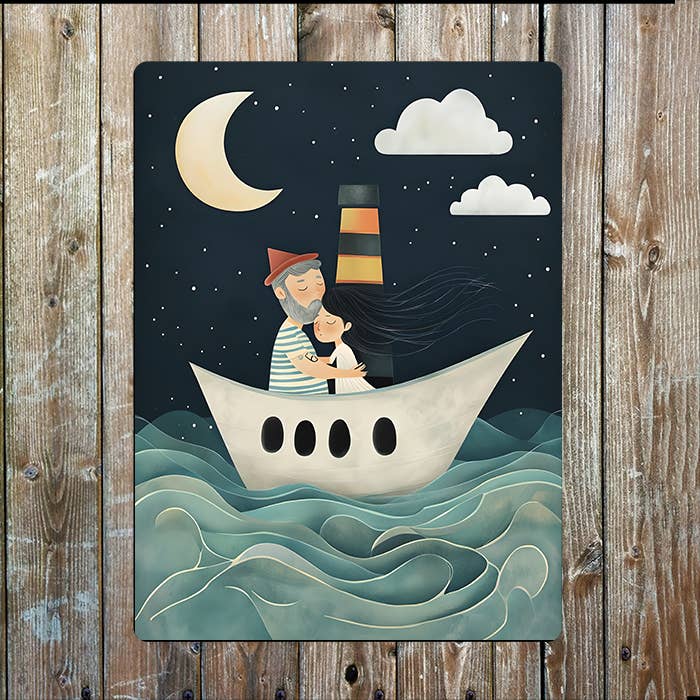 Man Girl Boat At Night Sea Nautical | Metal Sign Plaque