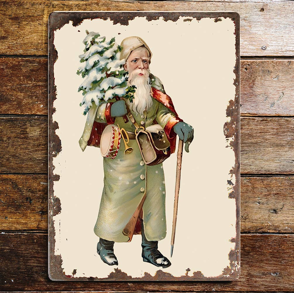 Vintage Santa Green Christmas | Metal Vintage Wall Sign