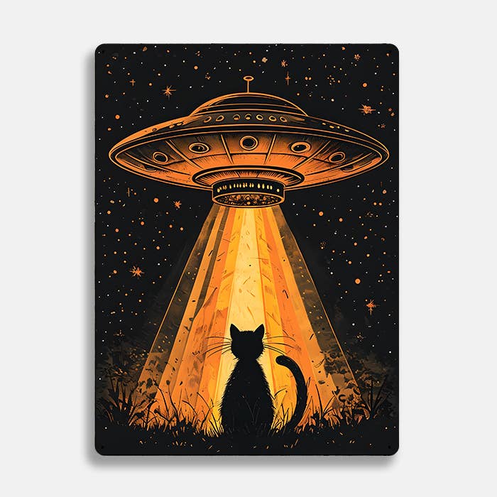 UFO Hovers Over Silhouetted Cat Alien | Metal Sign Plaque
