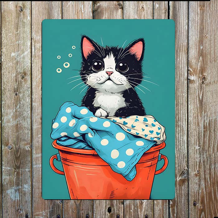 Cat With Laundry Basket Washing | Metal Sign Plaque