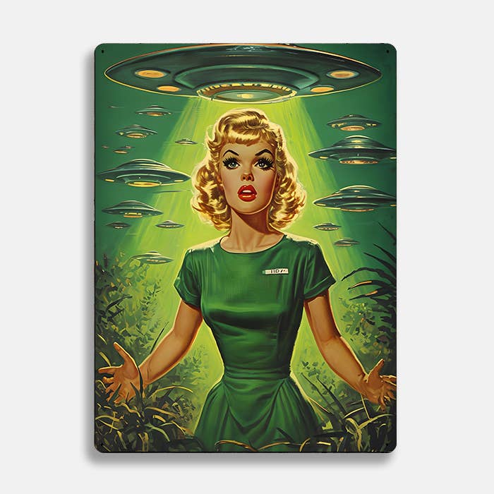 Female Figure And UFOs Alien UFO | Metal Sign Plaque