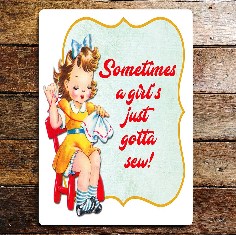 Young Girl Sewing | Vintage| Metal Sign plaque