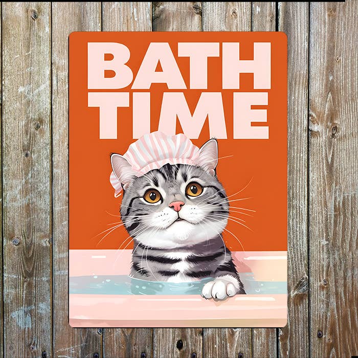 Bath Time Cat Bathroom Retro | Metal Sign Plaque