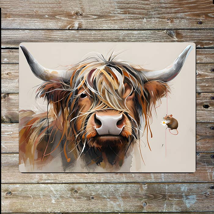 Highland Cow With Mouse And Daisy | Metal Sign Plaque