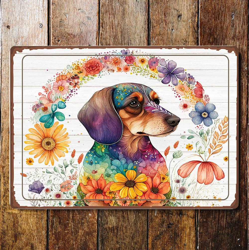 Cute Dachshund With Flowers Portrait | Metal Sign Plaque