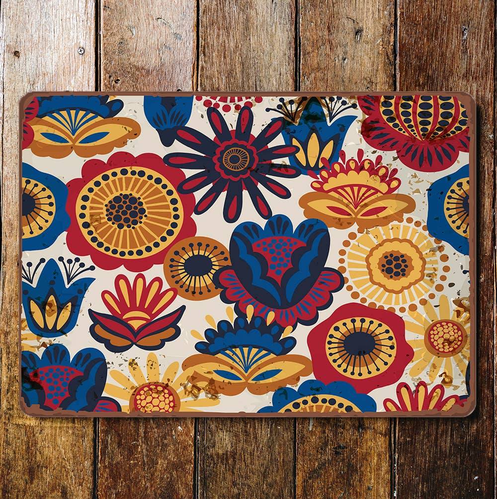folk pattern flowers retro Nordic | Metal Wall Sign Plaque