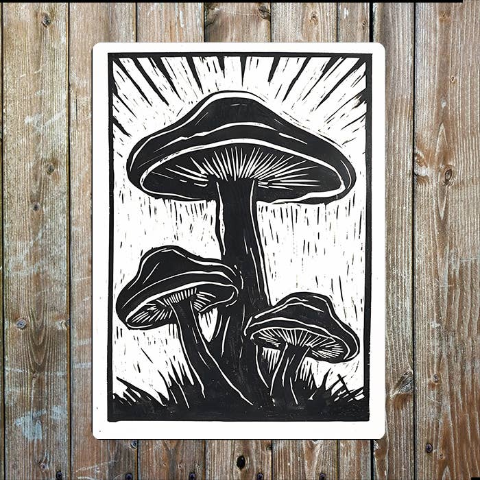 Mushrooms Linocut Style | Metal Sign Plaque