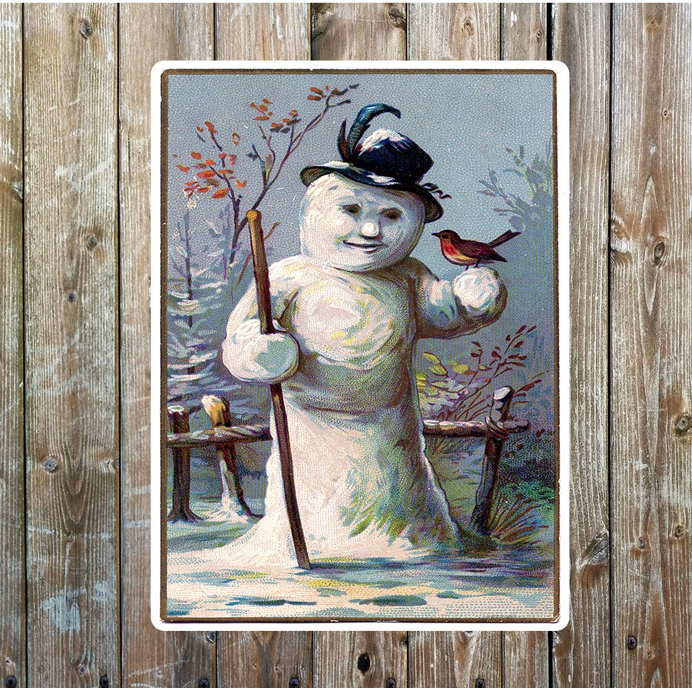 Snowman and Robin winter Vintage art Metal Sign Plaque
