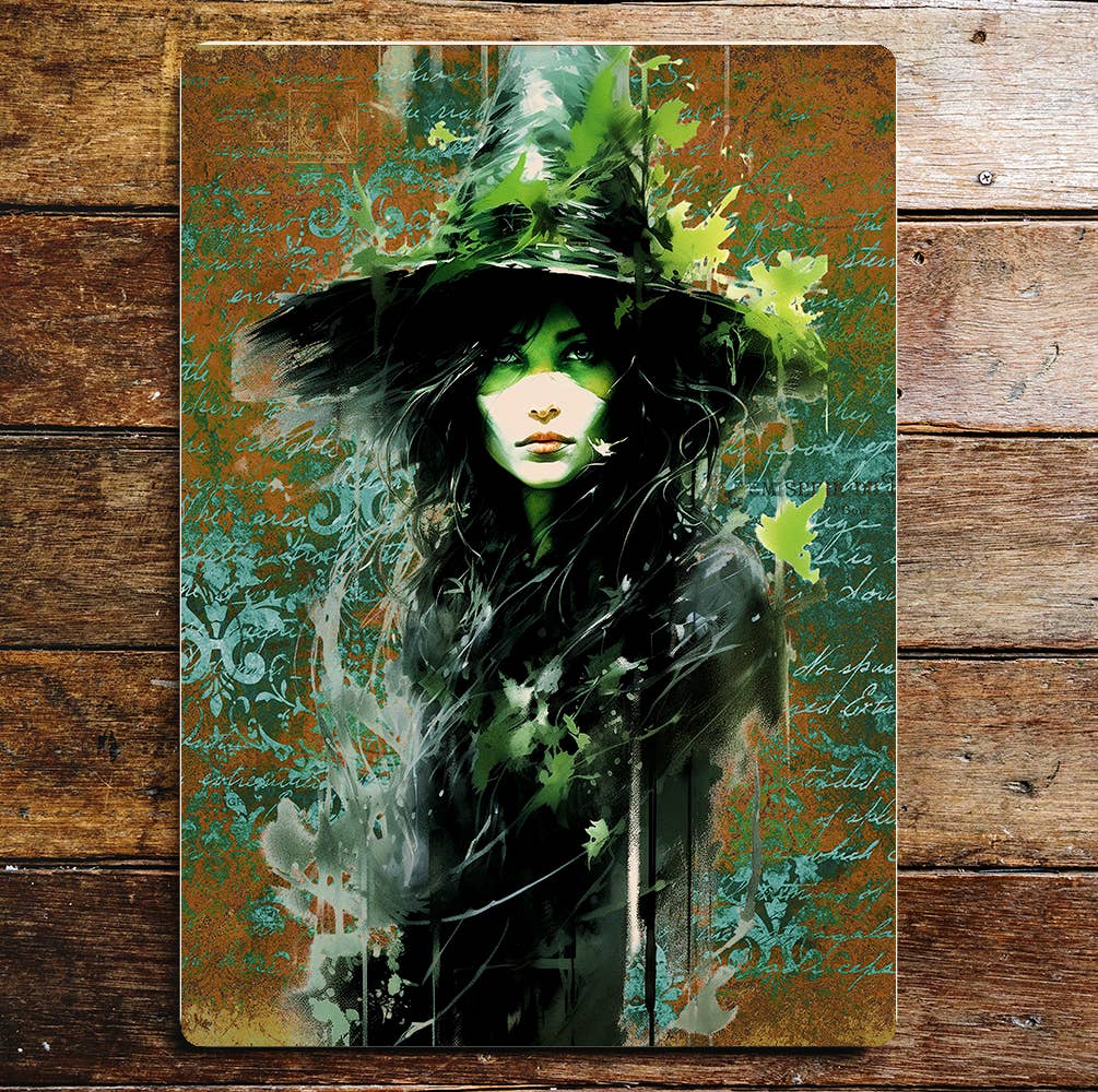 Green Leaf Witch Halloween | Metal Sign Plaque