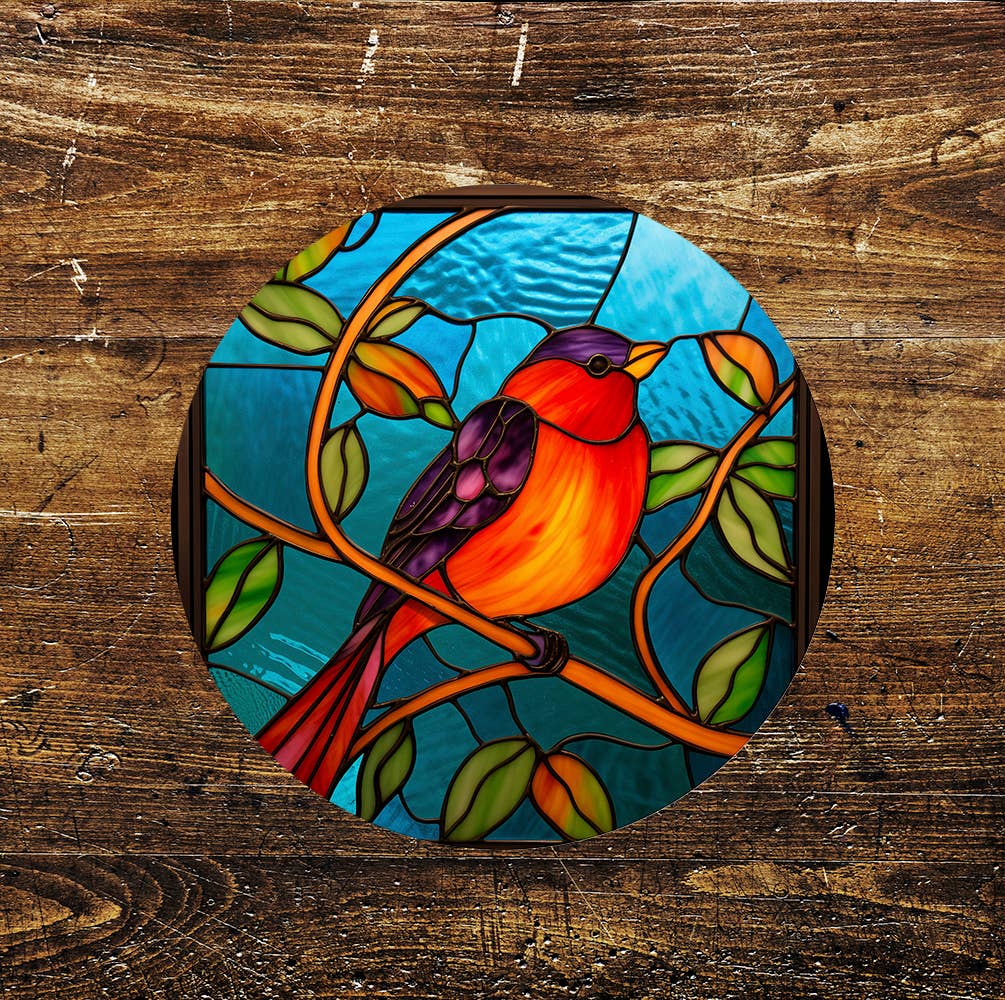 Robin Winter Stained Glass affect Circle Metal Sign