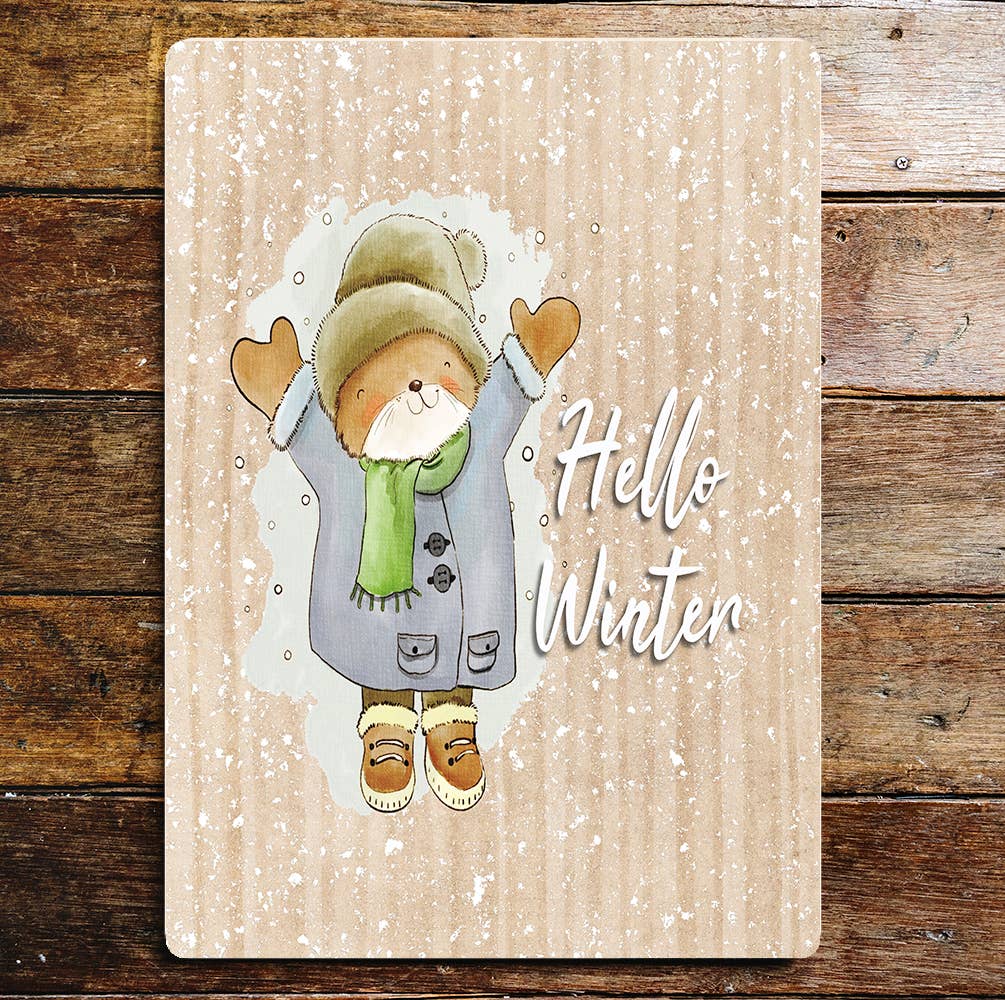 Hello Winter Cute Bear Hat And Scarf | Metal Wall Sign