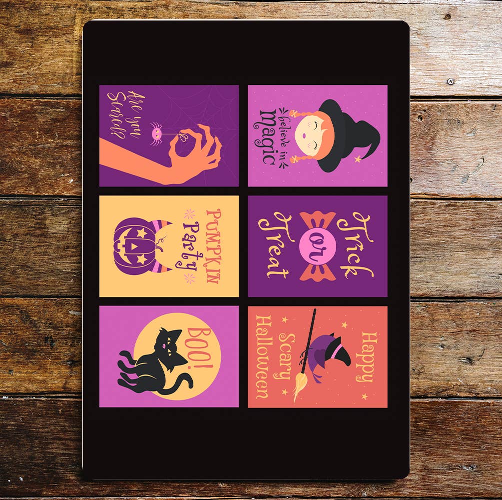 Halloween Purple Witch Cat Broomstick | Metal Wall Sign