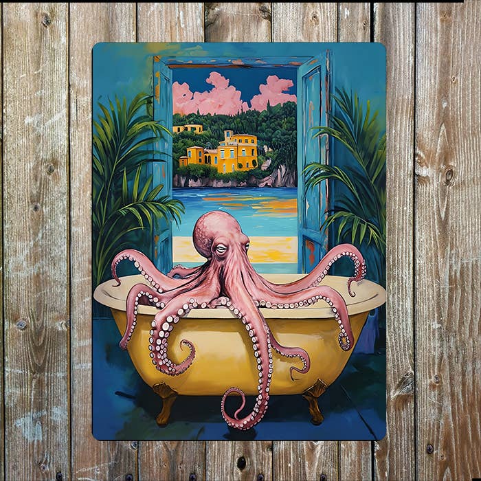 Octopus In Vintage Bathtub Sea Nautical | Metal Sign Plaque