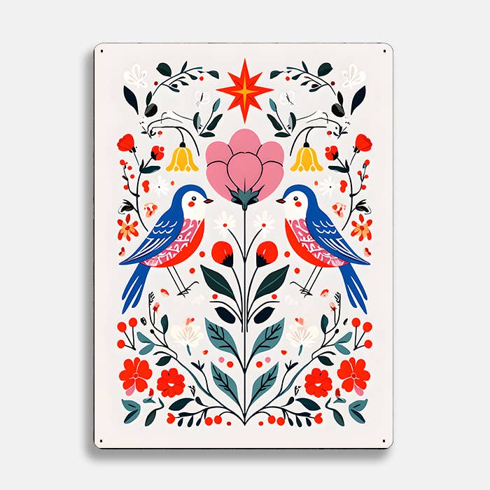 Birds Flowers Floral scandinavian folk | Metal Sign Plaque