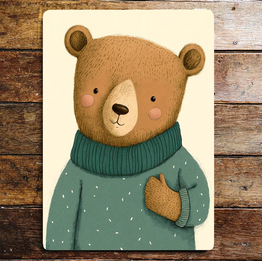 Cute Brown Bear Green Jumper | Metal Sign Plaque