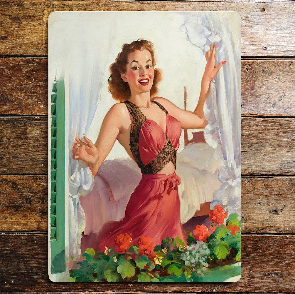 Pinup Girl Window morning Metal Wall Sign Plaque