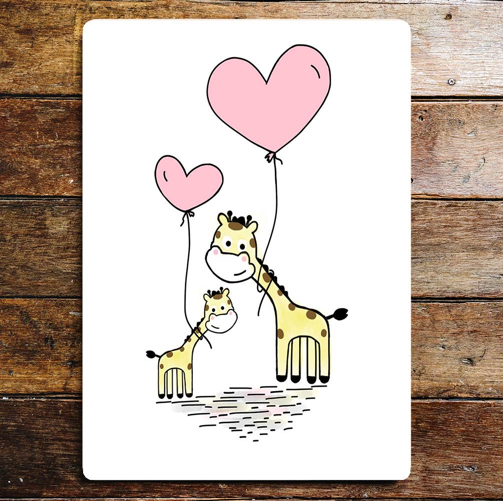 Giraffe and Baby Pink Heart Balloons | Metal Sign Plaque
