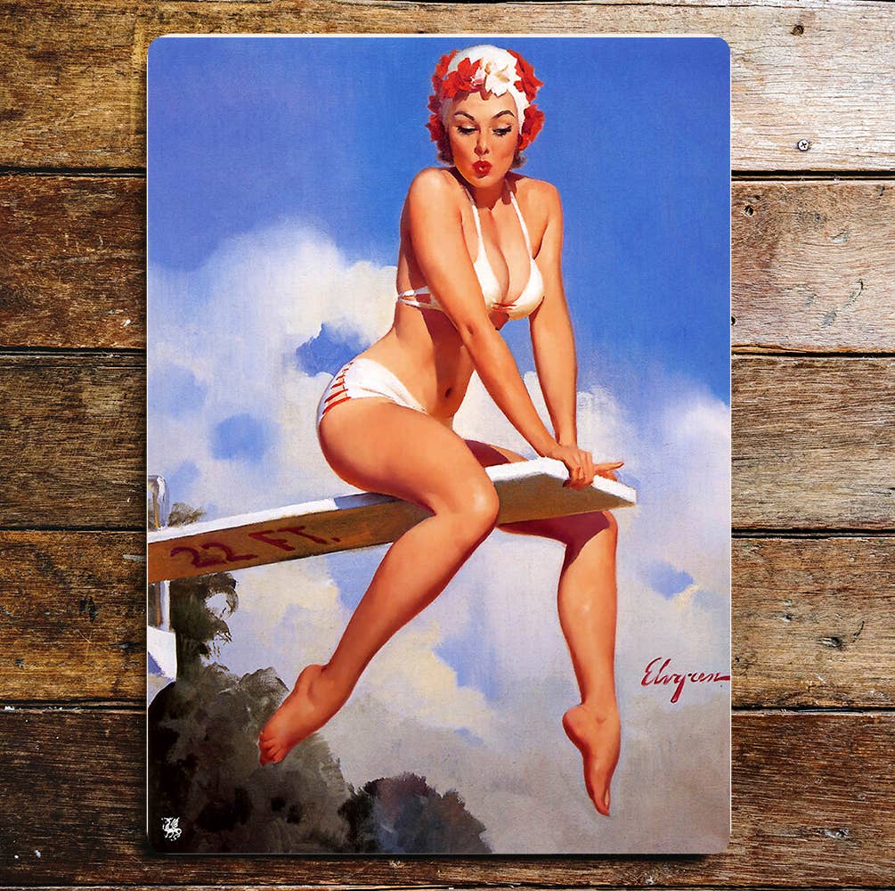 Pin Up Girl Diving Board Bikini Metal Sign Plaque