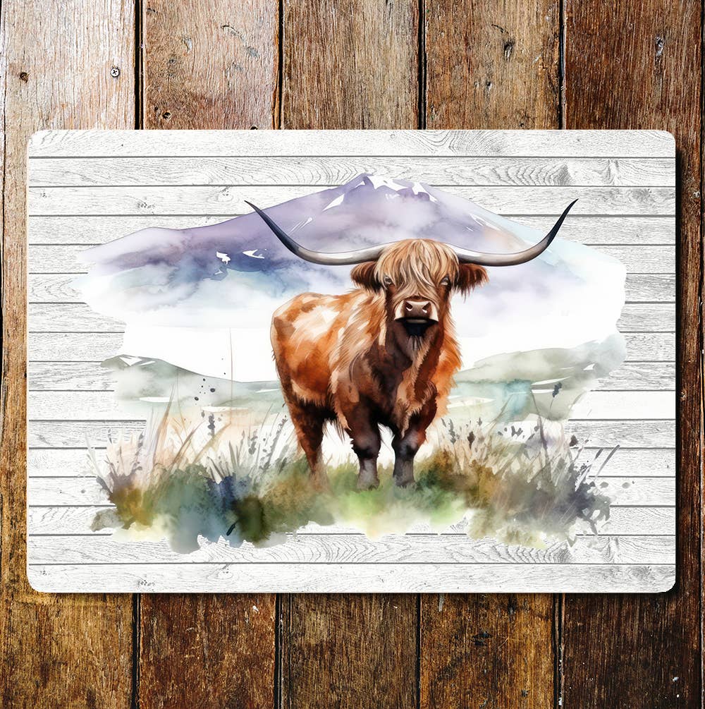 Highland Cow In Nature Landscape Art | Metal Sign Plaque