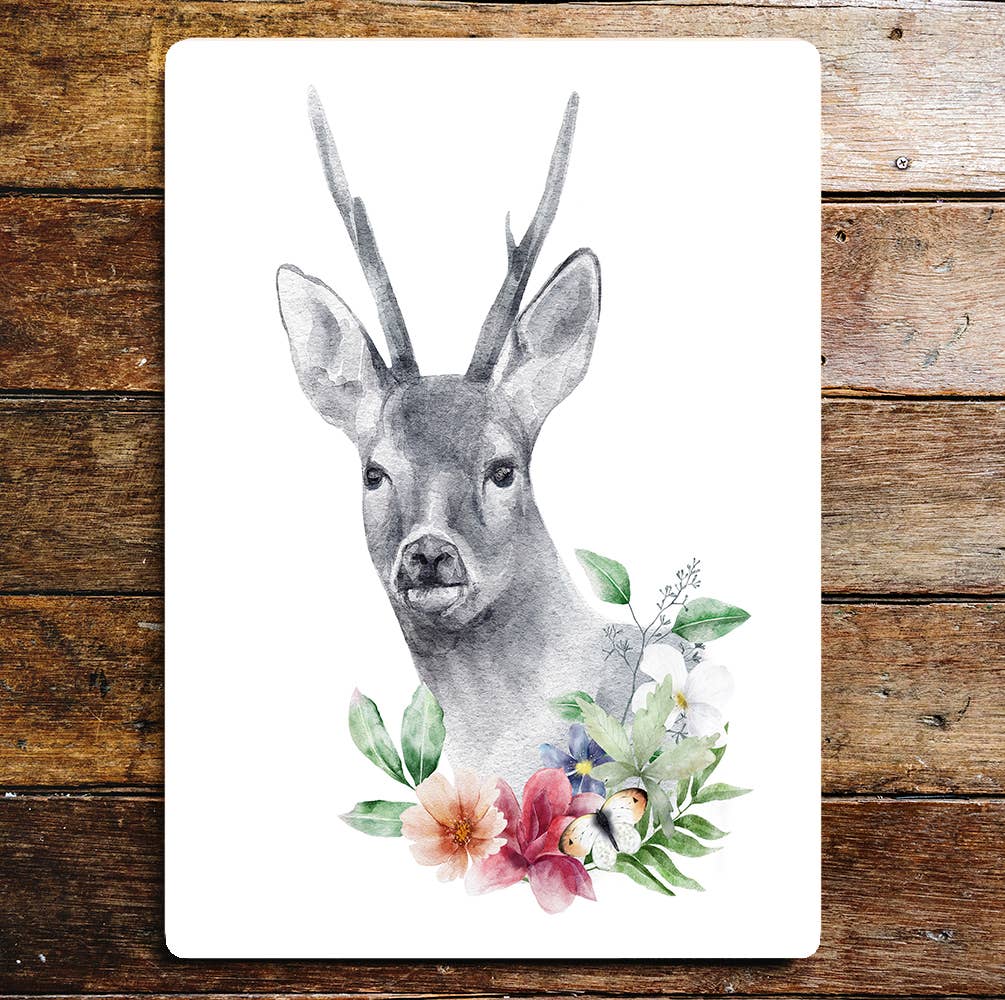 Deer Watercolour Animal Flower | Metal Wall Sign Plaque