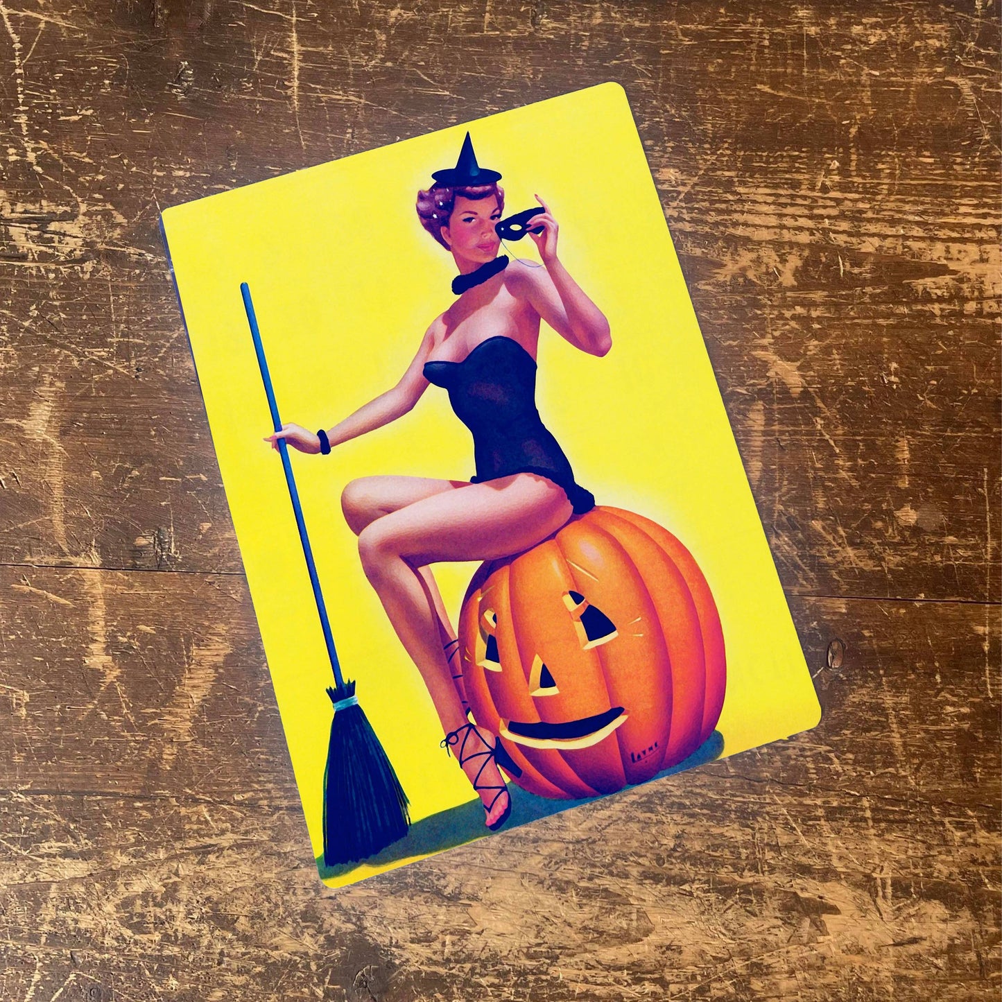 Pinup Girl Witch Pumpkin Metal Humour Wall Sign