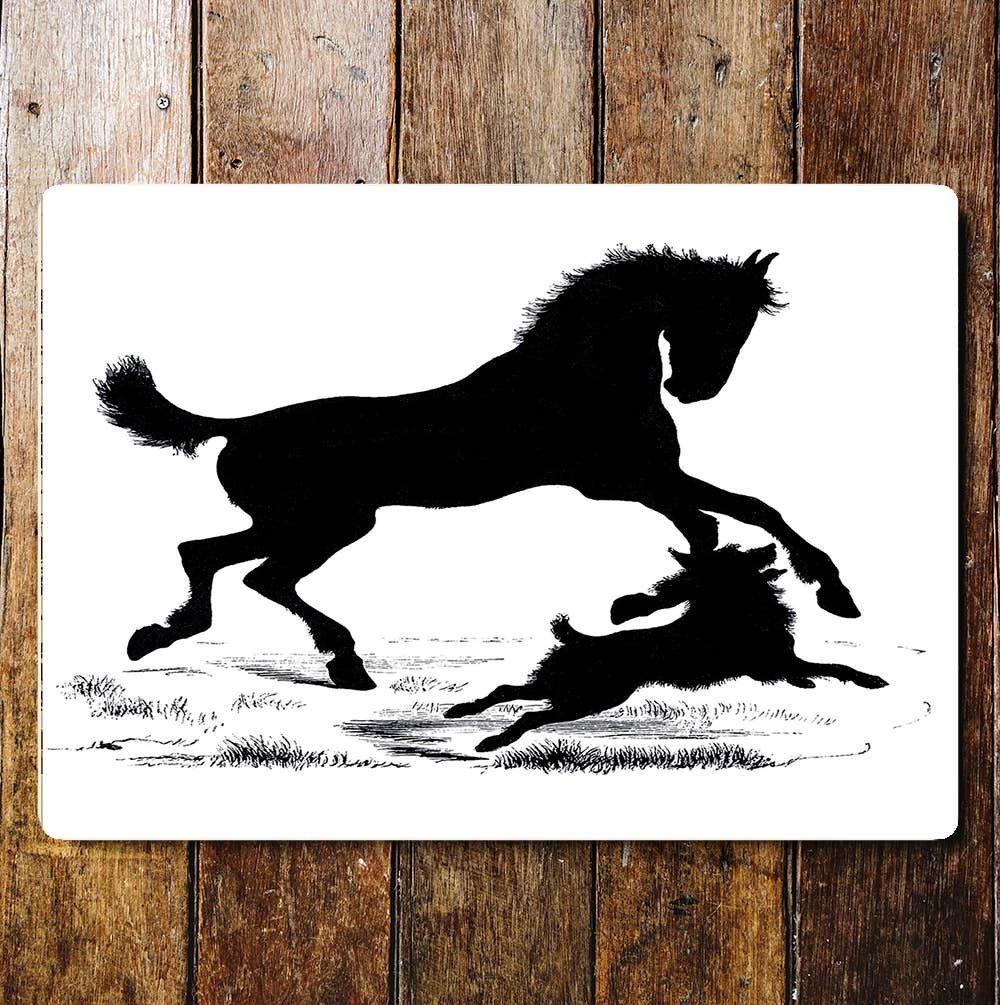 Running Horse And Dog Black And White Metal Sign Plaque