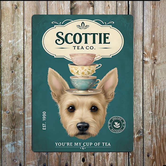 Scottie Dog Cup Tea | Scottish Scotland | Metal Sign Plaque