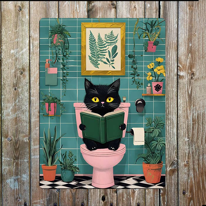 Cat Sitting On Toilet | Bathroom | Metal Sign Plaque