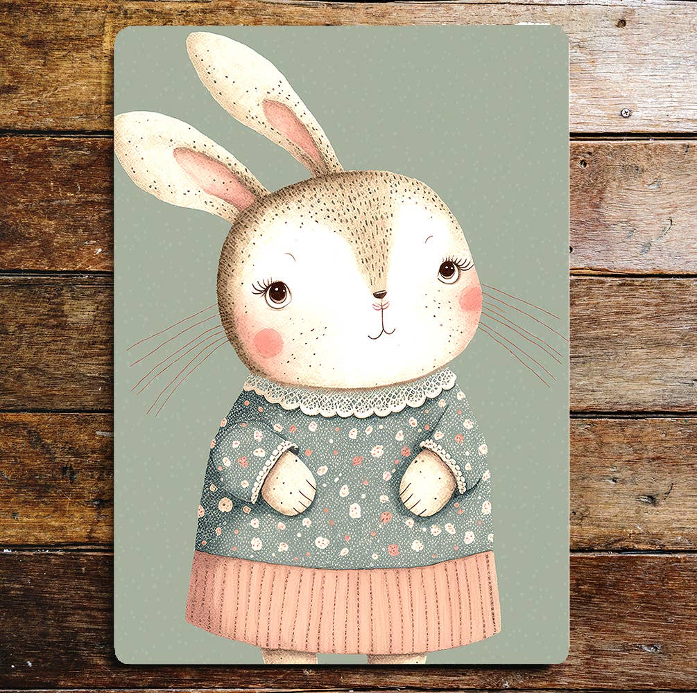 Cute Happy Rabbit Girl Spotty Dress | Metal Sign Plaque