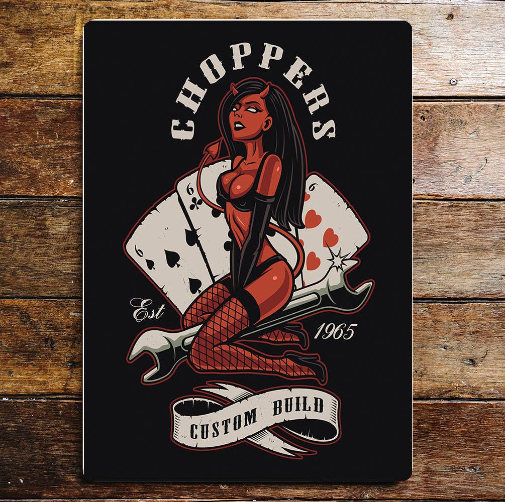 Devil choppers pin up cards | Metal Sign plaque