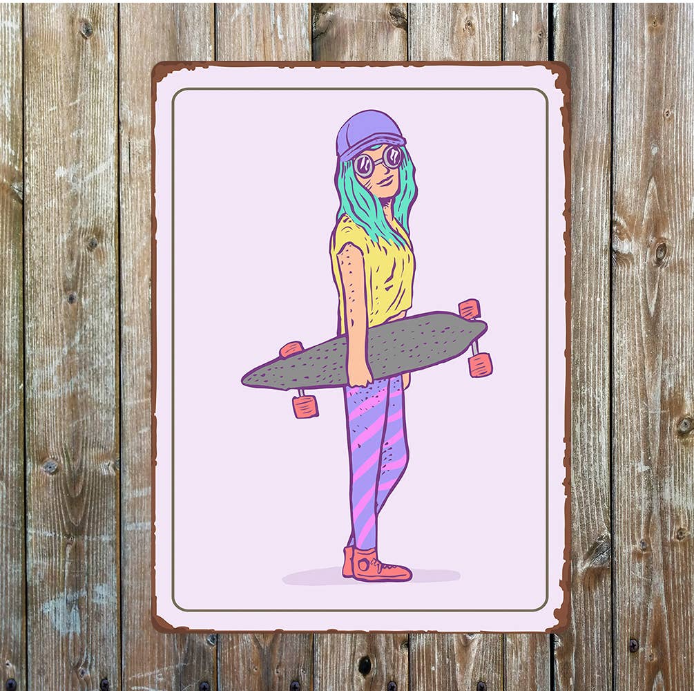Skateboard Girl, Purple Metal Sign Plaque