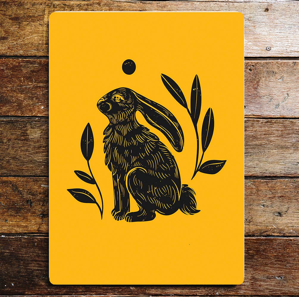 Rabbit Hare Sitting Moon Yellow & Black Metal Sign Plaque