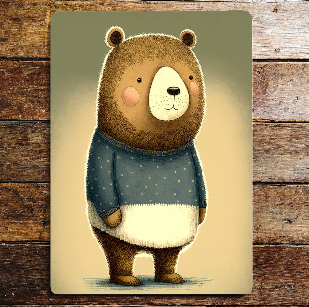 Cute Bear Blue And White Spotty Jumper | Metal Sign Plaque