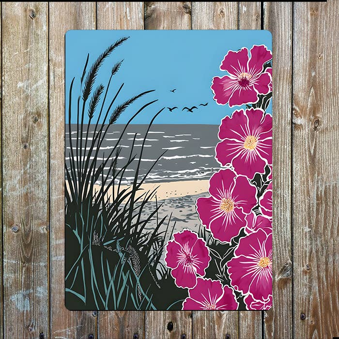 Vibrant Beach Coast Flowers Sea Nautical | Metal Sign Plaque