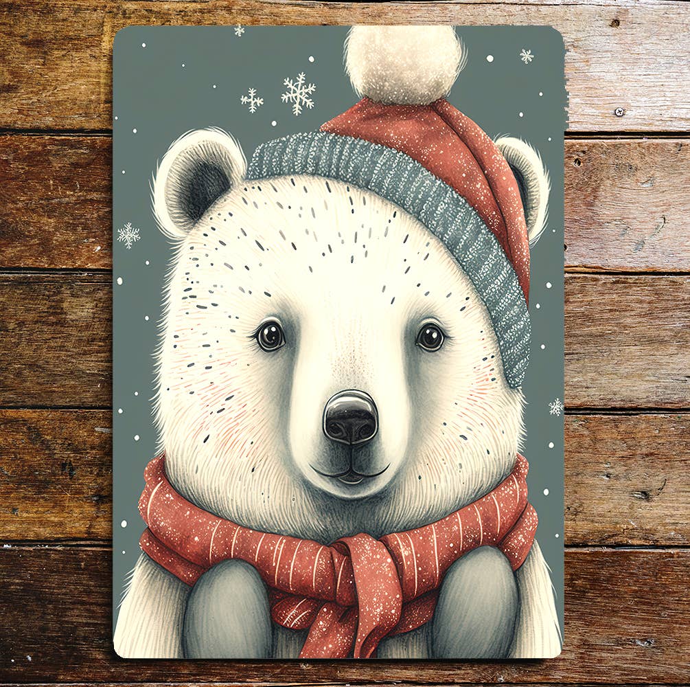 Cute Bear Hat scarf Snow Portrait | Metal Sign Plaque