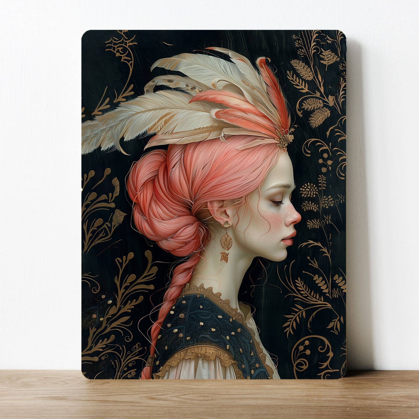 Floral Lady Vintage Pink Feathers | Metal Sign Plaque