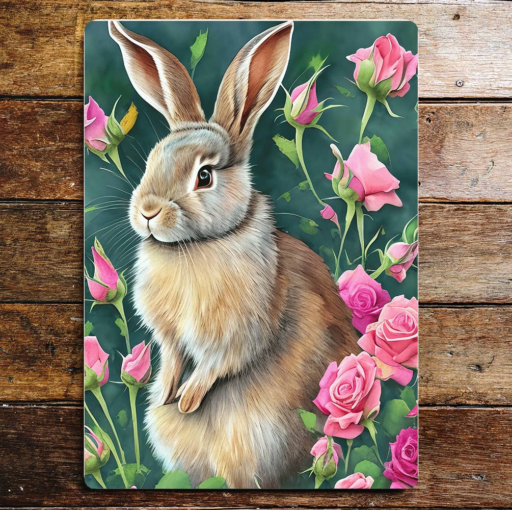 Rabbit Sitting Among Pink Roses Metal Sign plaque (Copy)
