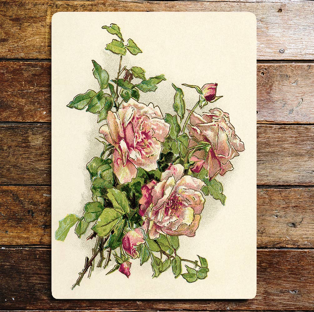 Pink Flower Stem Leaves Metal Wall Sign Plaque