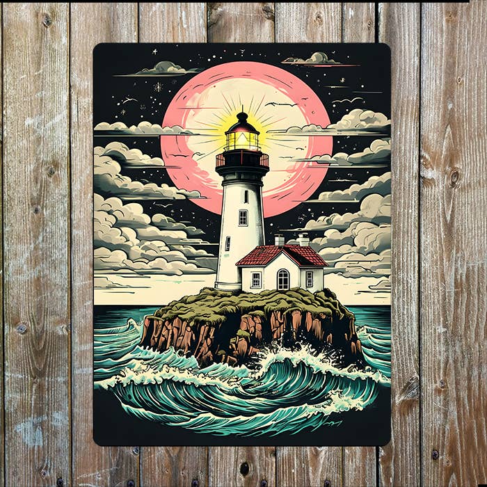 Surreal Lighthouse Dramatic Sea Nautical Metal Sign Plaque