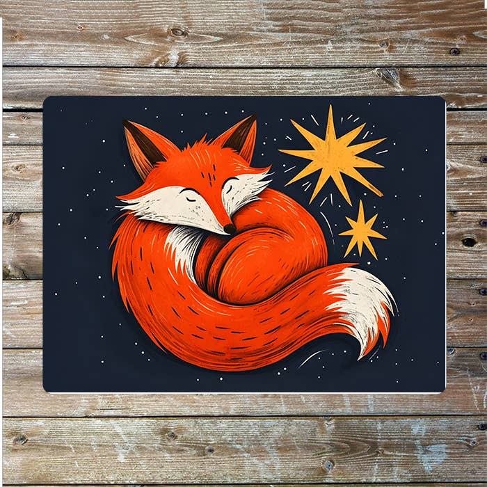 Orange Fox Curled Up Under Stars Night Sky | Metal Sign Plaque