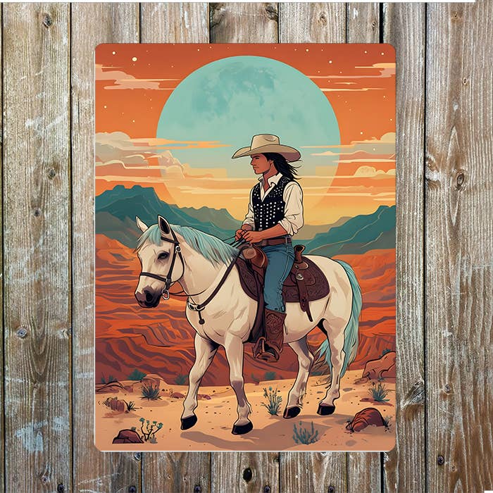 Cowboy Riding White Horse | Western | Metal Sign Plaque