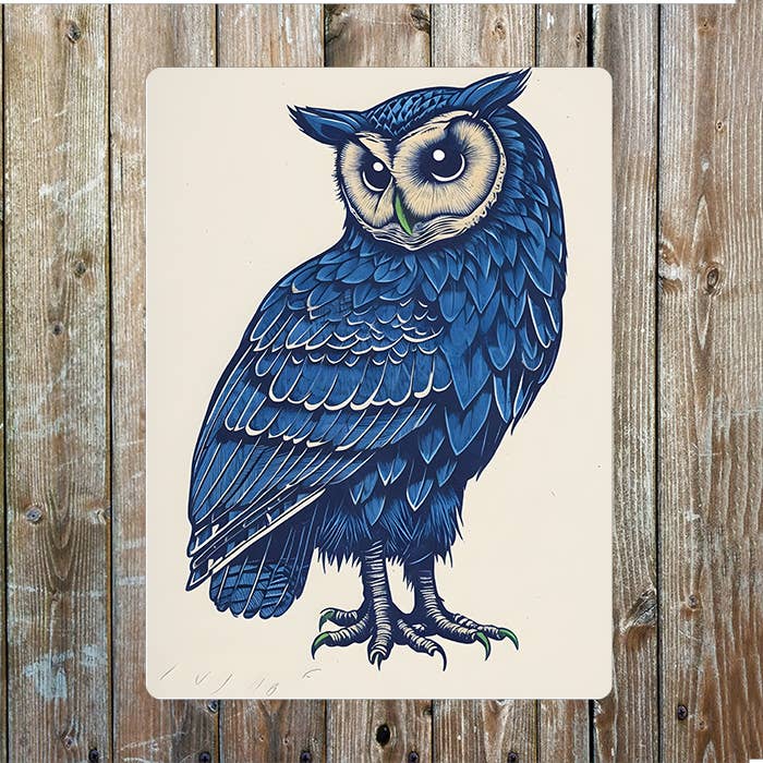Owl Illustration in Blue Woodcut Style | Metal Sign Plaque