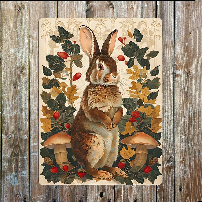 Brown Rabbit Autumn Foliage And Mushrooms | Metal Sign Plaque