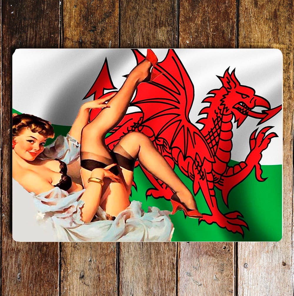 Pin Up Girl Welsh Wales Flag Metal Personalised Sign