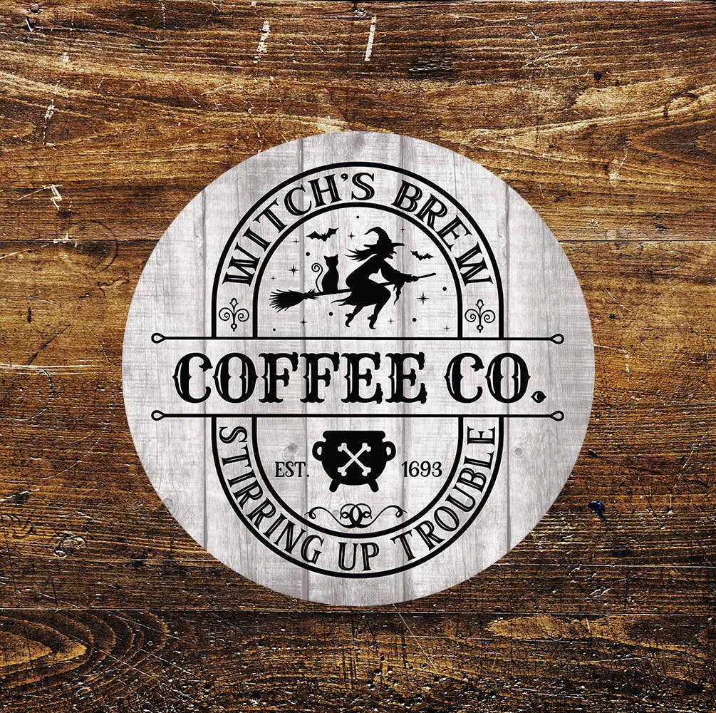 Witch's Brew Coffee House Stirring Trouble Circle Metal Sign