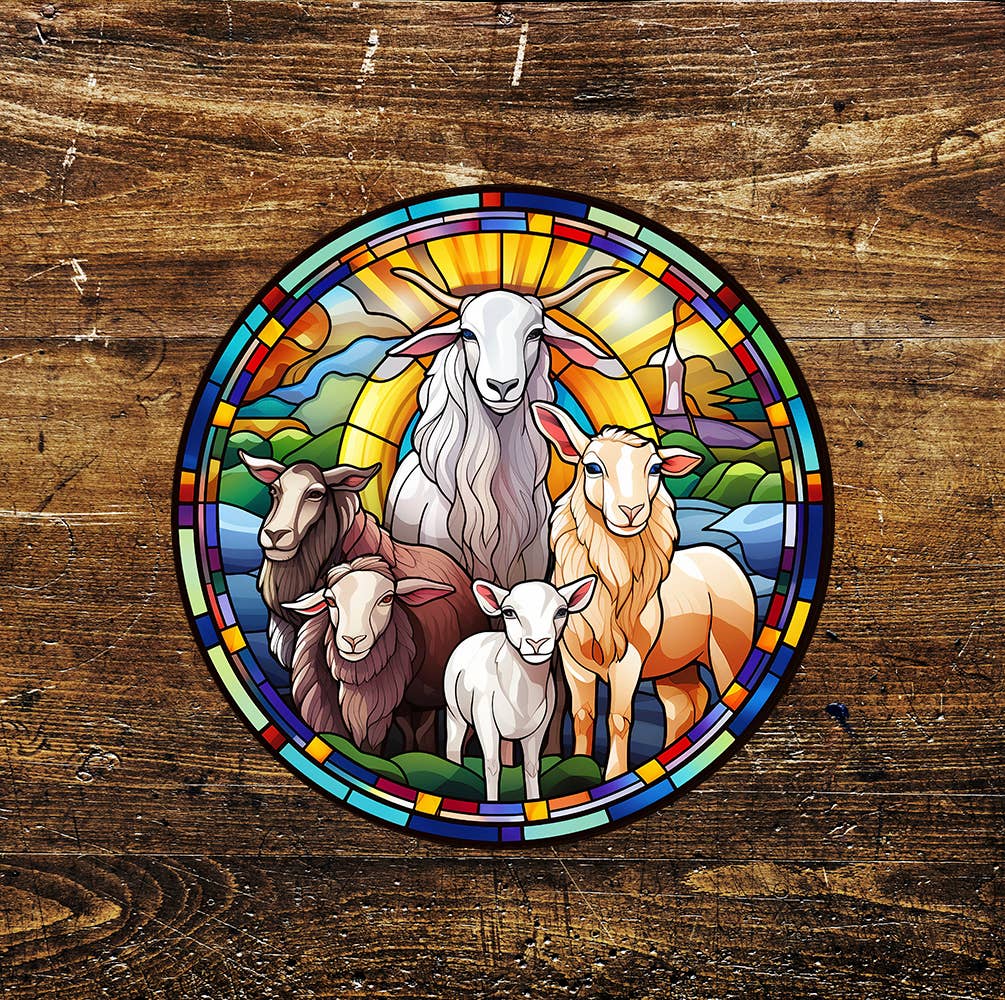 Sheep Ram Lamb Stained Glass Mural Affect Circle Metal Sign