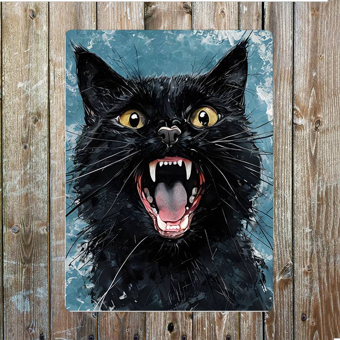 Cat Illustration Mouth Open Teeth | Metal Sign Plaque