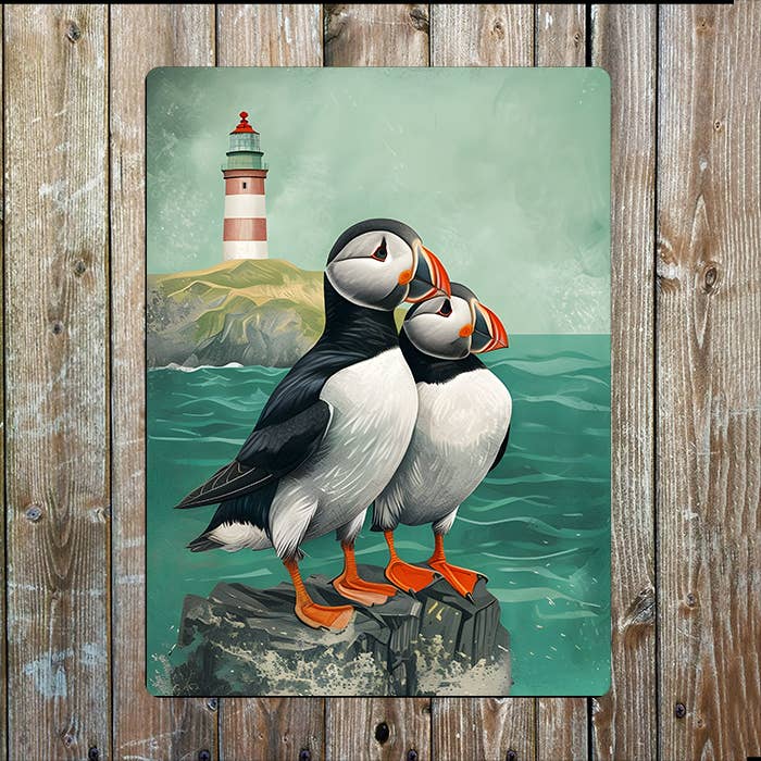 Puffins Perched On A Rugged Rock By Sea Metal Sign Plaque