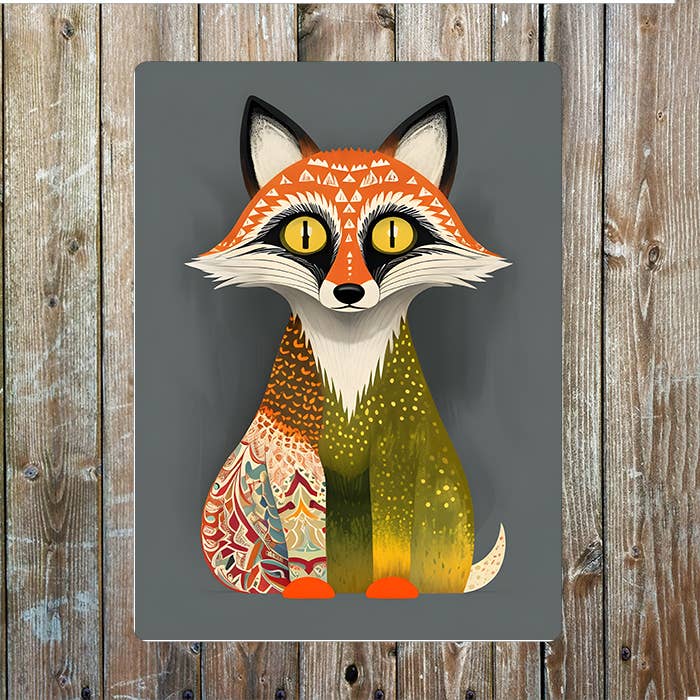 Fox Illustration With Colorful Patterns | Metal Sign Plaque
