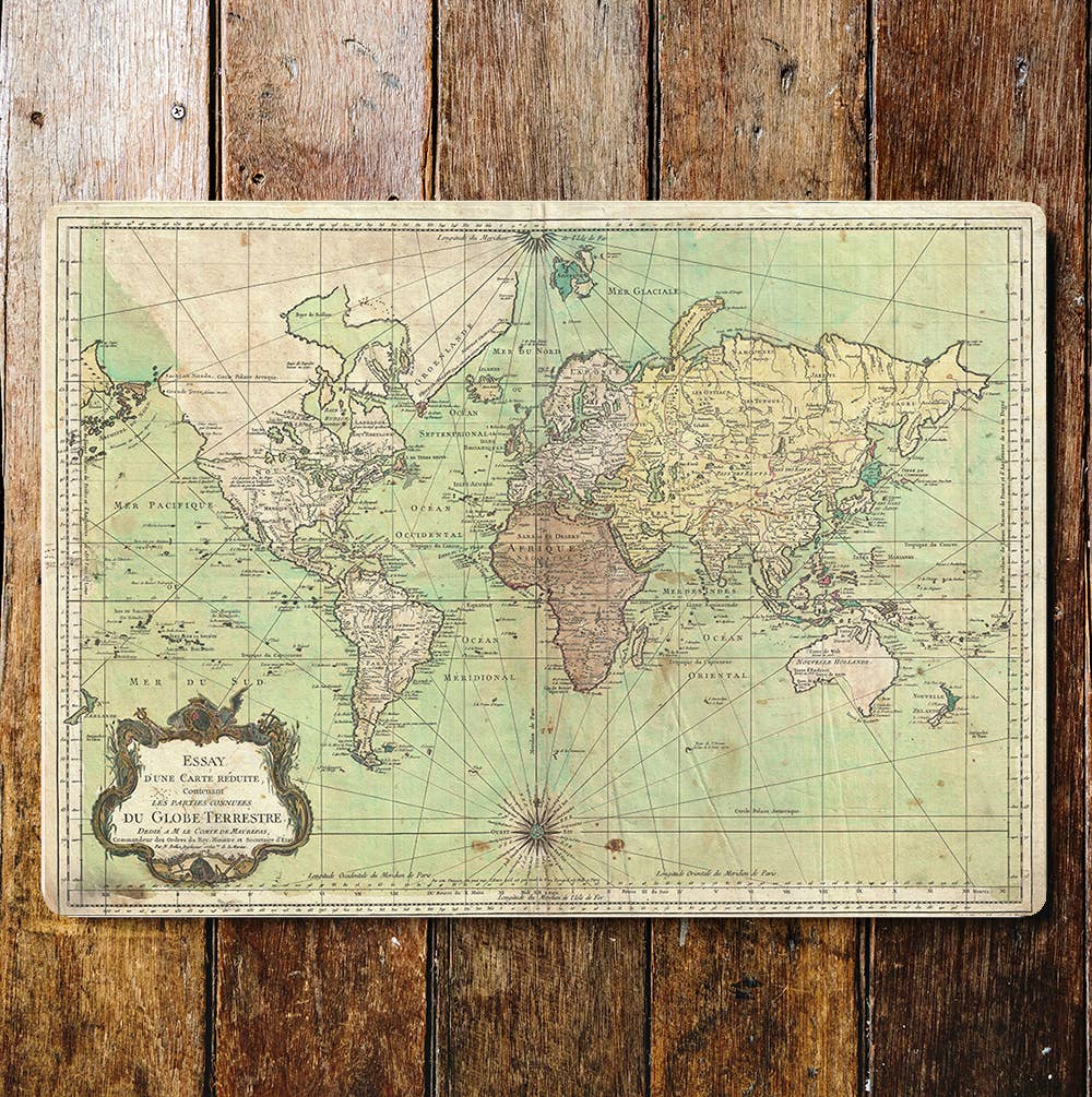 WORLD MAP vintage green art | Metal Sign Plaque